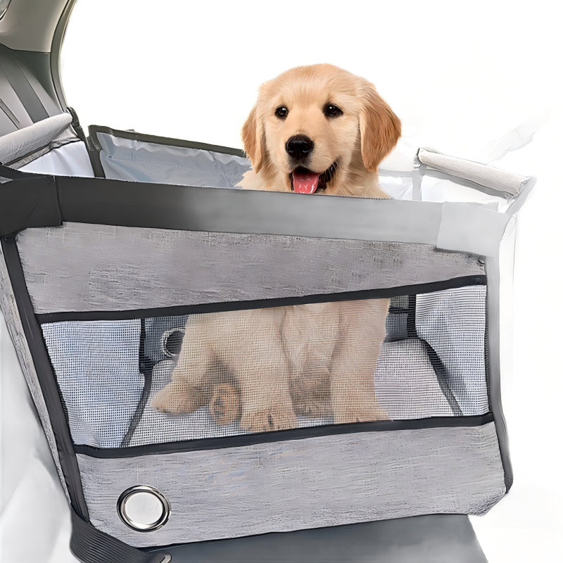 Dog car crate for medium large dogs, breathable mesh pet car carrier, waterproof foldable back seat dog travel bed