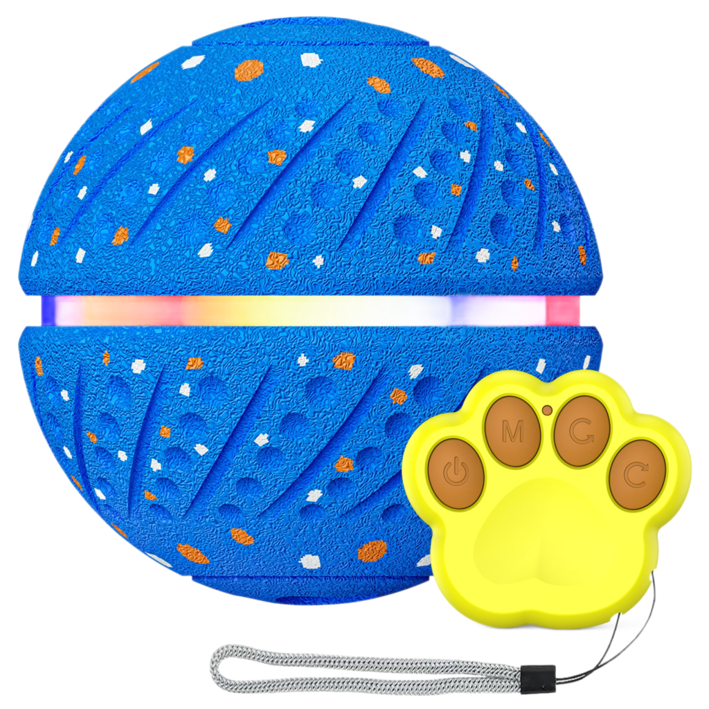 Remote control glowing pet rolling ball with paw-shaped remote, chew-resistant interactive dog toy