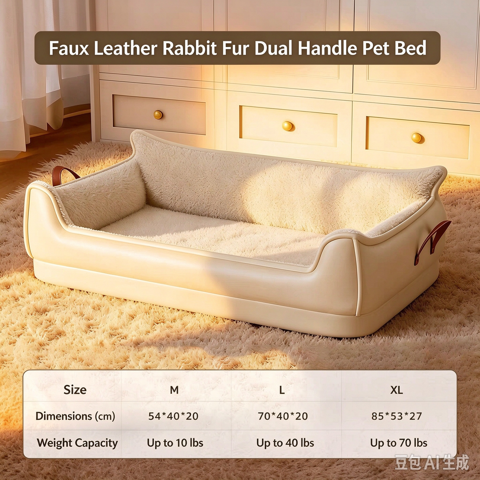 Beige Faux Leather Luxury Pet Sofa Bed, Dual Leather Carry Handles Waterproof Scratch-resistant Dog Cat Bed, Removable Washable Square Pet Couch - Image 5