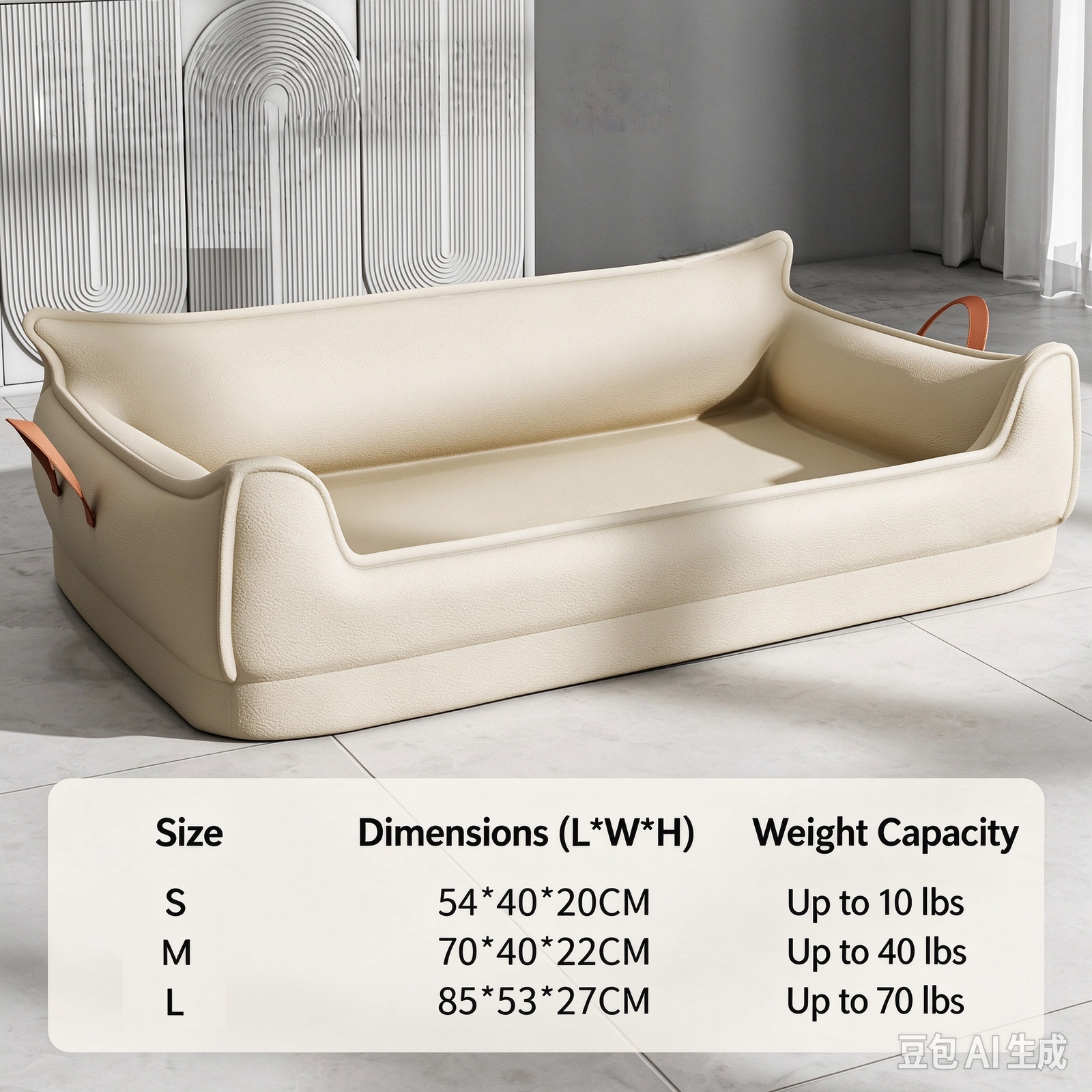 Beige Faux Leather Luxury Pet Sofa Bed, Dual Leather Carry Handles Waterproof Scratch-resistant Dog Cat Bed, Removable Washable Square Pet Couch - Image 6