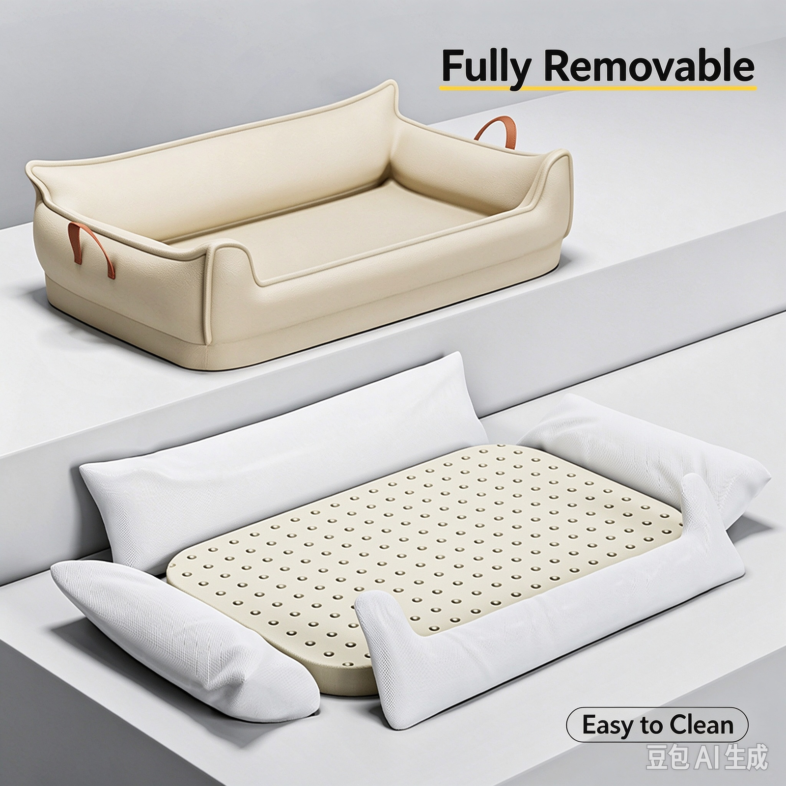 Beige Faux Leather Luxury Pet Sofa Bed, Dual Leather Carry Handles Waterproof Scratch-resistant Dog Cat Bed, Removable Washable Square Pet Couch - Image 7