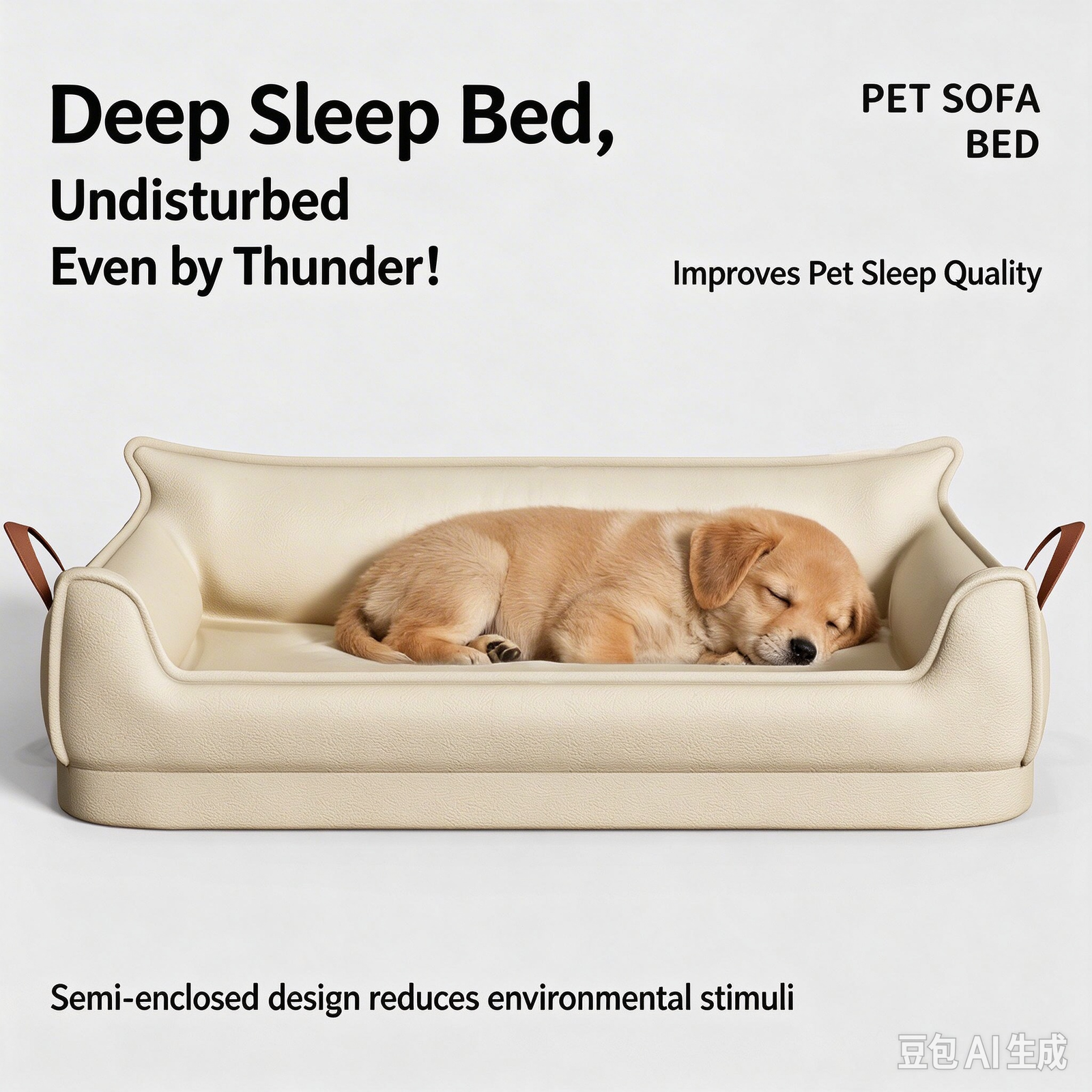Beige Faux Leather Luxury Pet Sofa Bed, Dual Leather Carry Handles Waterproof Scratch-resistant Dog Cat Bed, Removable Washable Square Pet Couch - Image 8