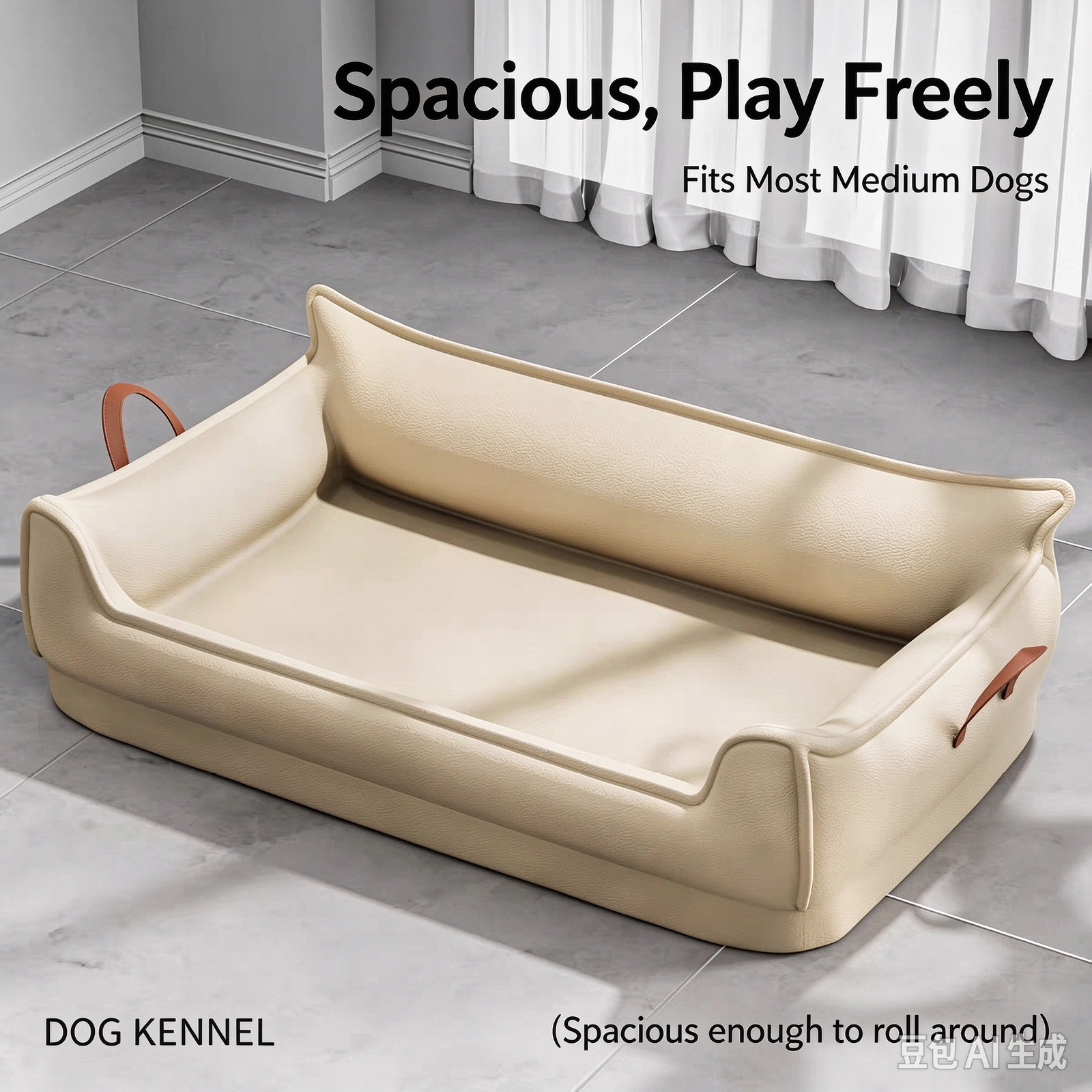 Beige Faux Leather Luxury Pet Sofa Bed, Dual Leather Carry Handles Waterproof Scratch-resistant Dog Cat Bed, Removable Washable Square Pet Couch - Image 3