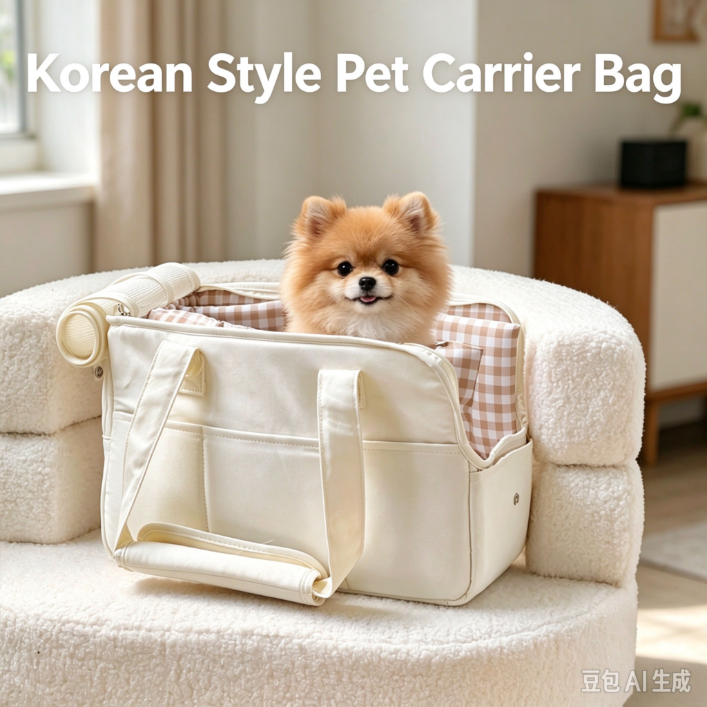 Korean Style Canvas Pet Carrier Tote Bag, Cream Large Capacity Handheld Cat Bag, Plaid Lining Multi-Pocket Portable Travel Bag for Small Dogs & Cats